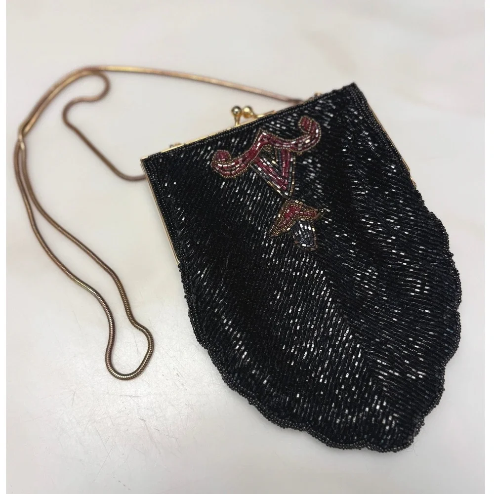Andre Cellini Vintage Beaded Evening Bag Black Art Deco Gold Kiss‎ Lock Clutch